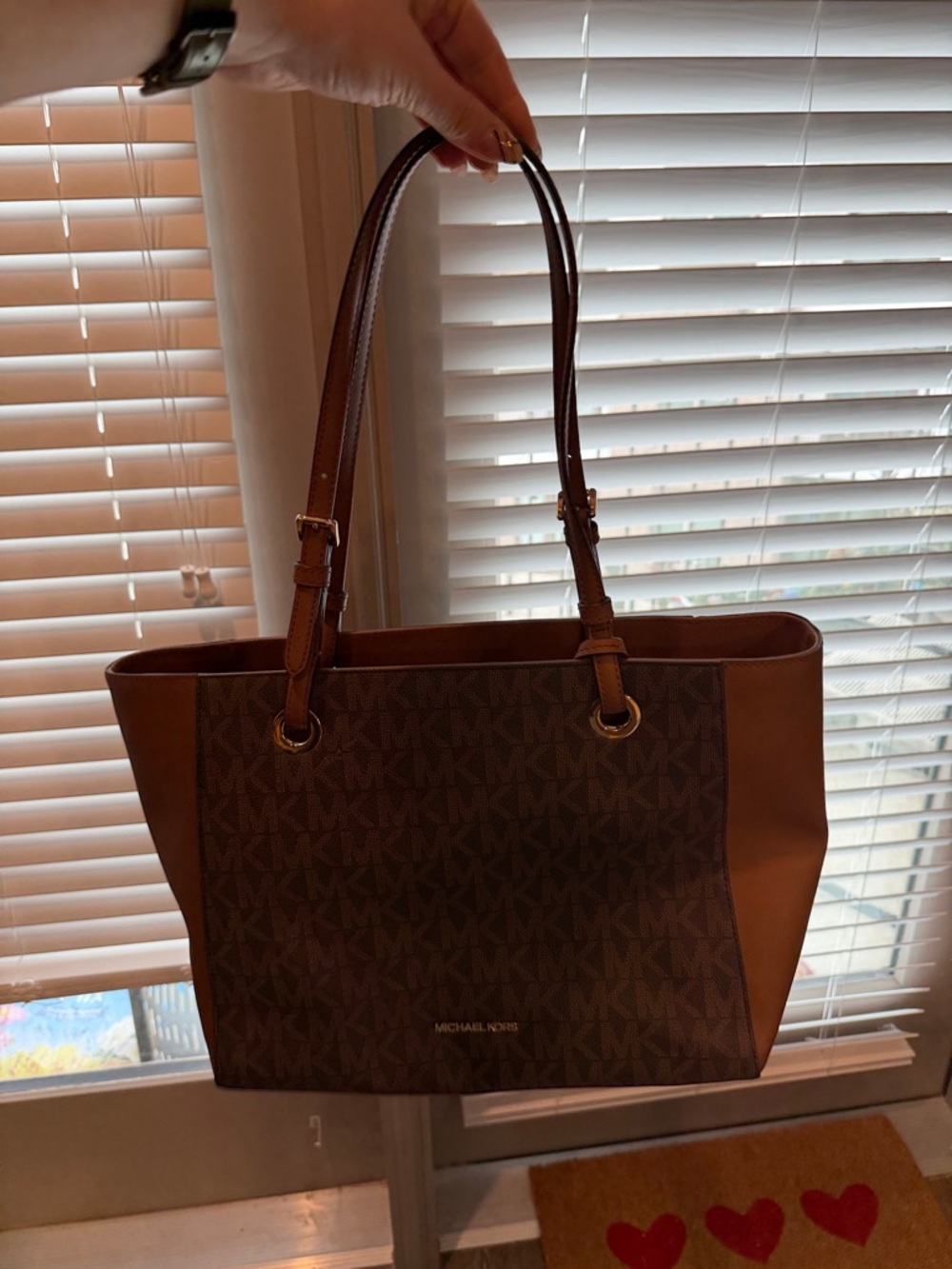 Michael Kors Brown MK Logo Tote with Tan Trim